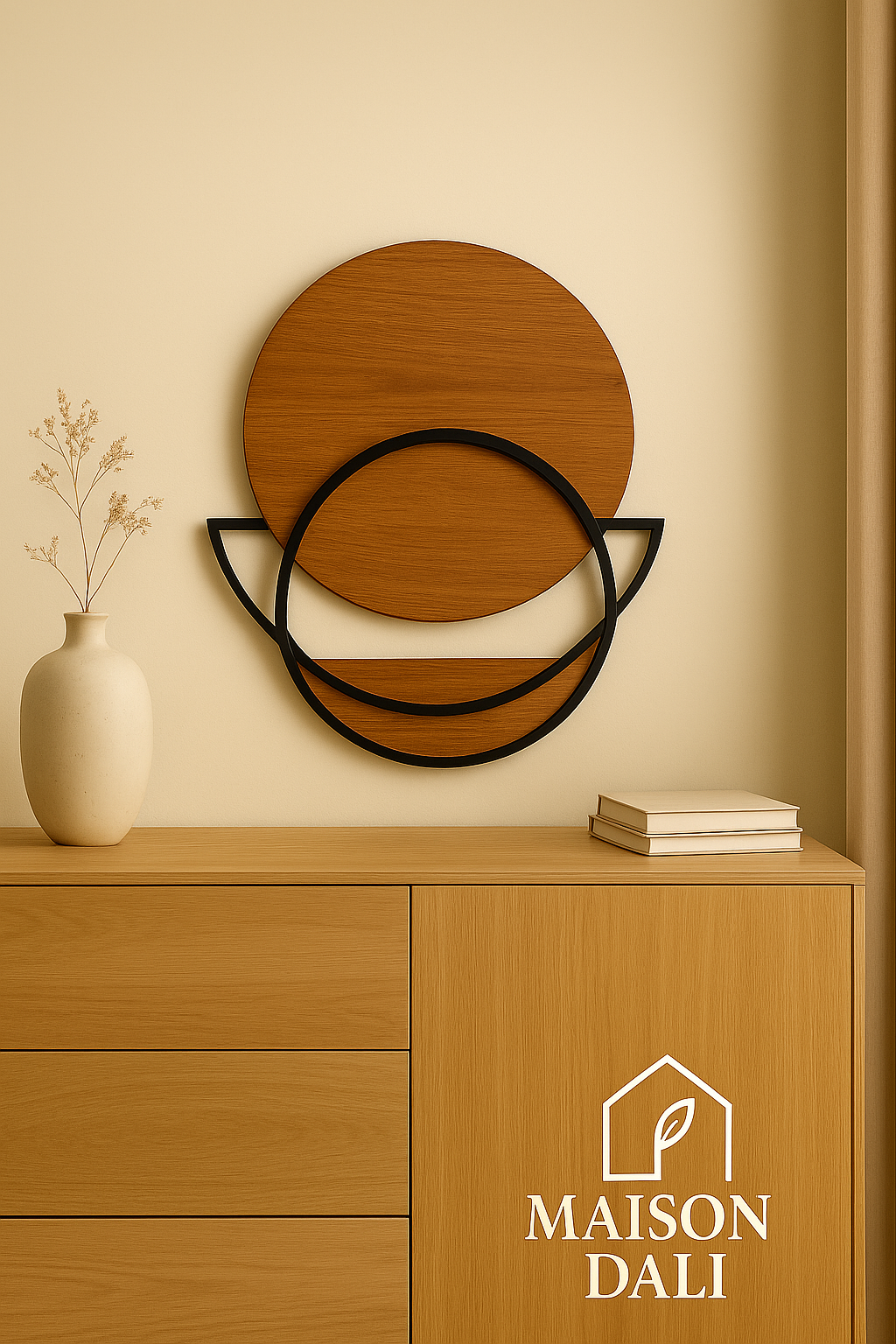 Miroir Soleil & Horizon – Design Épuré en Bois et Métal Noir