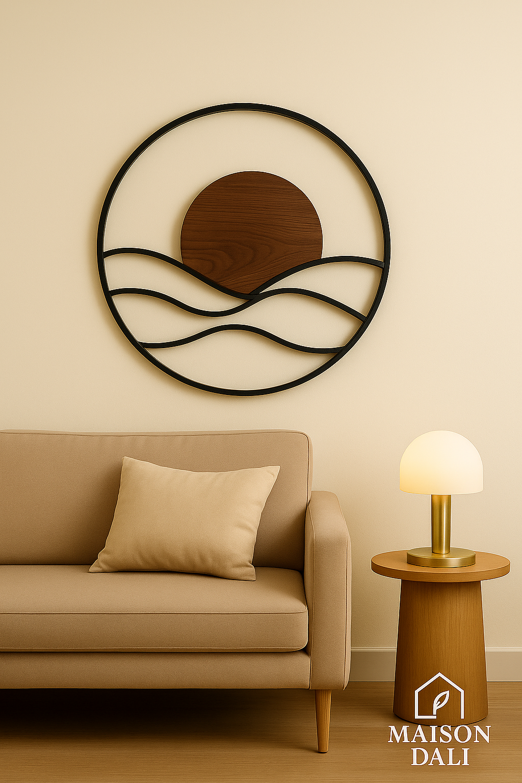 Miroir Soleil & Horizon – Design Épuré en Bois et Métal Noir