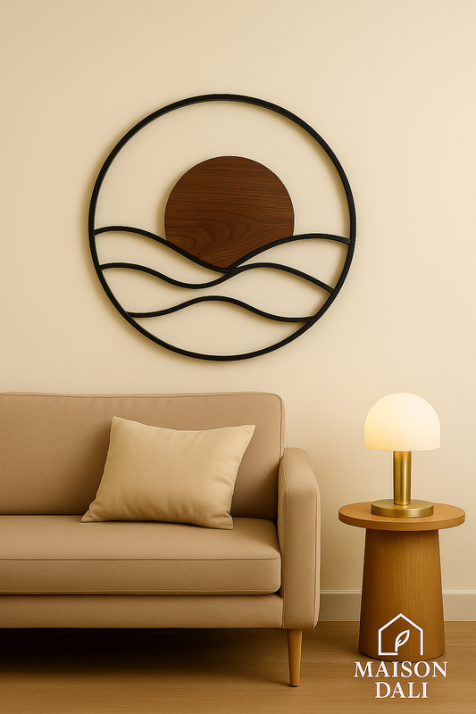 Miroir Soleil & Horizon – Design Épuré en Bois et Métal Noir
